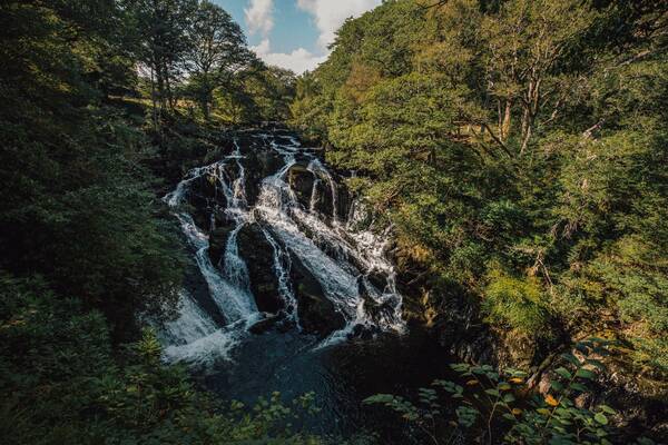 Swallow Falls cascading through woodland near Betws-y-Coed in Snowdonia National Park.