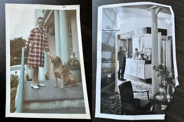 Royal the hotel dog with Mrs Bennett Dunne hotel manager and reception both taken in the late 1960s