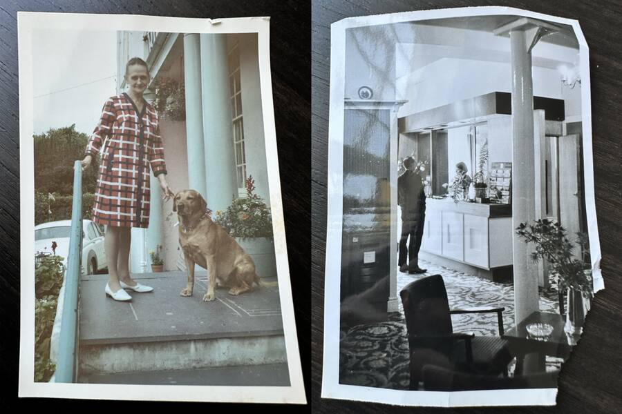 Royal the hotel dog with Mrs Bennett Dunne hotel manager and reception both taken in the late 1960s
