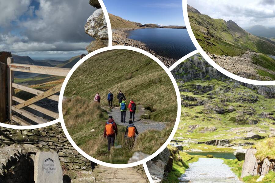 Walkers following different routes up Yr Wyddfa through mountainous landscapes in Eryri